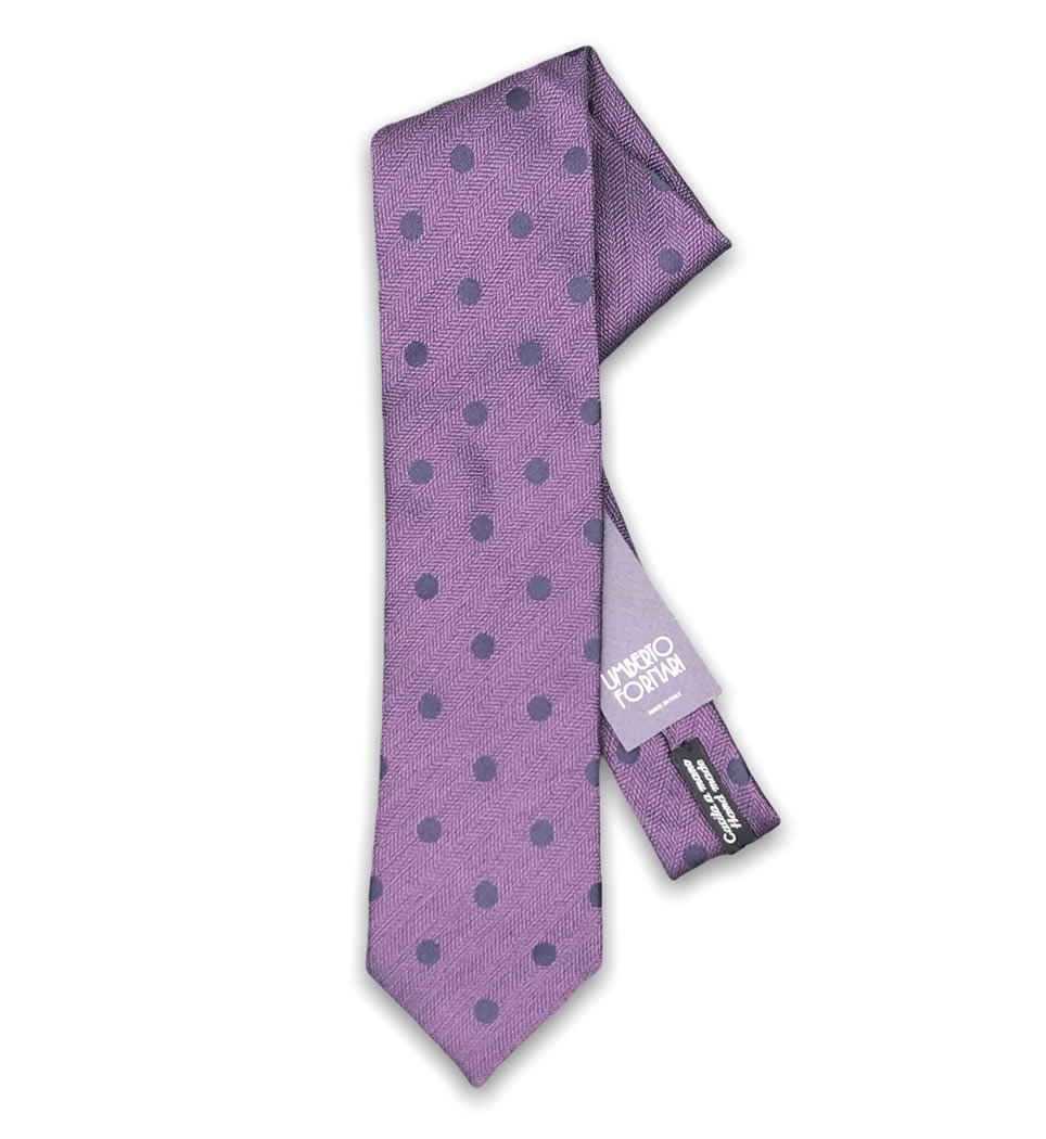 Cravatta cucita a mano 7,5 cm fantasia pois fondo violetto 100% seta