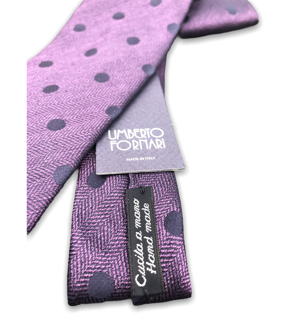 Cravatta cucita a mano 7,5 cm fantasia pois fondo violetto 100% seta