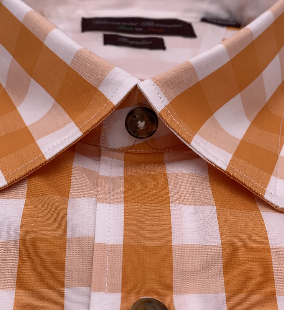 Camicia Uomo Regular collo morbido quadri bianco-arancio 100% cotone