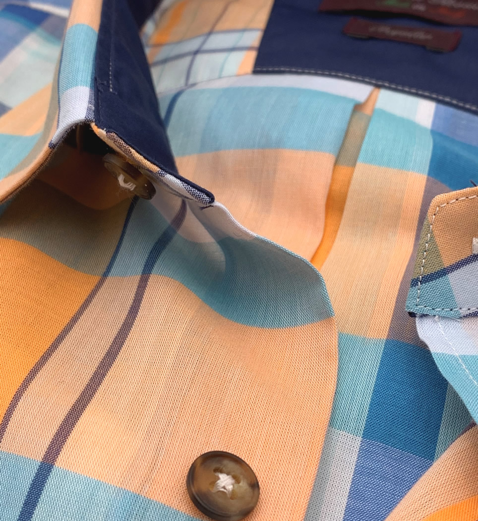 Camicia Uomo Regular collo morbido quadri arancio-celeste-blu 100% cotone